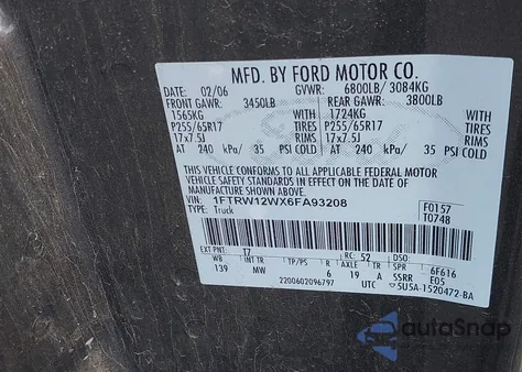 2006 Ford F-150 Xlt from USA, damaged, VIN 1FTRW12WX6FA93208